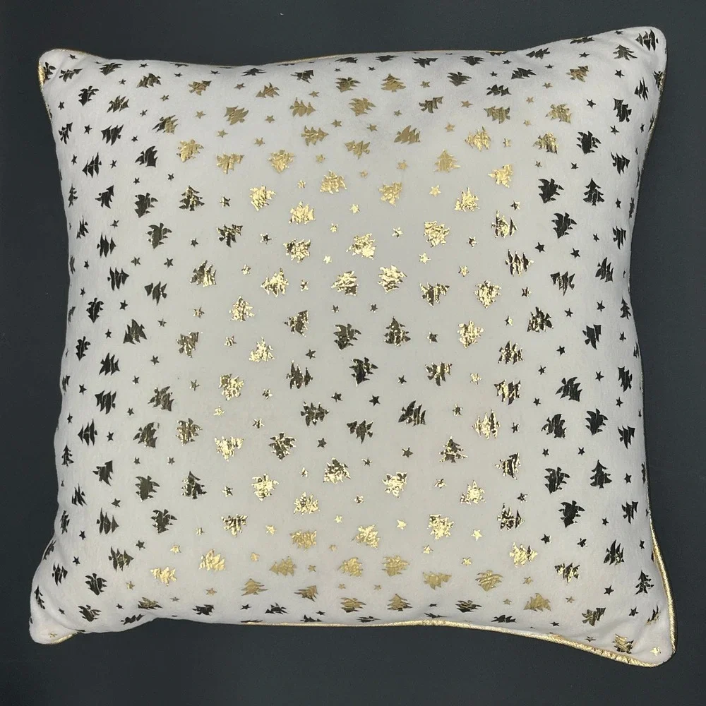 Gold & White Christmas Tree Pattern Pillow Metallic Faux Leather Back 12